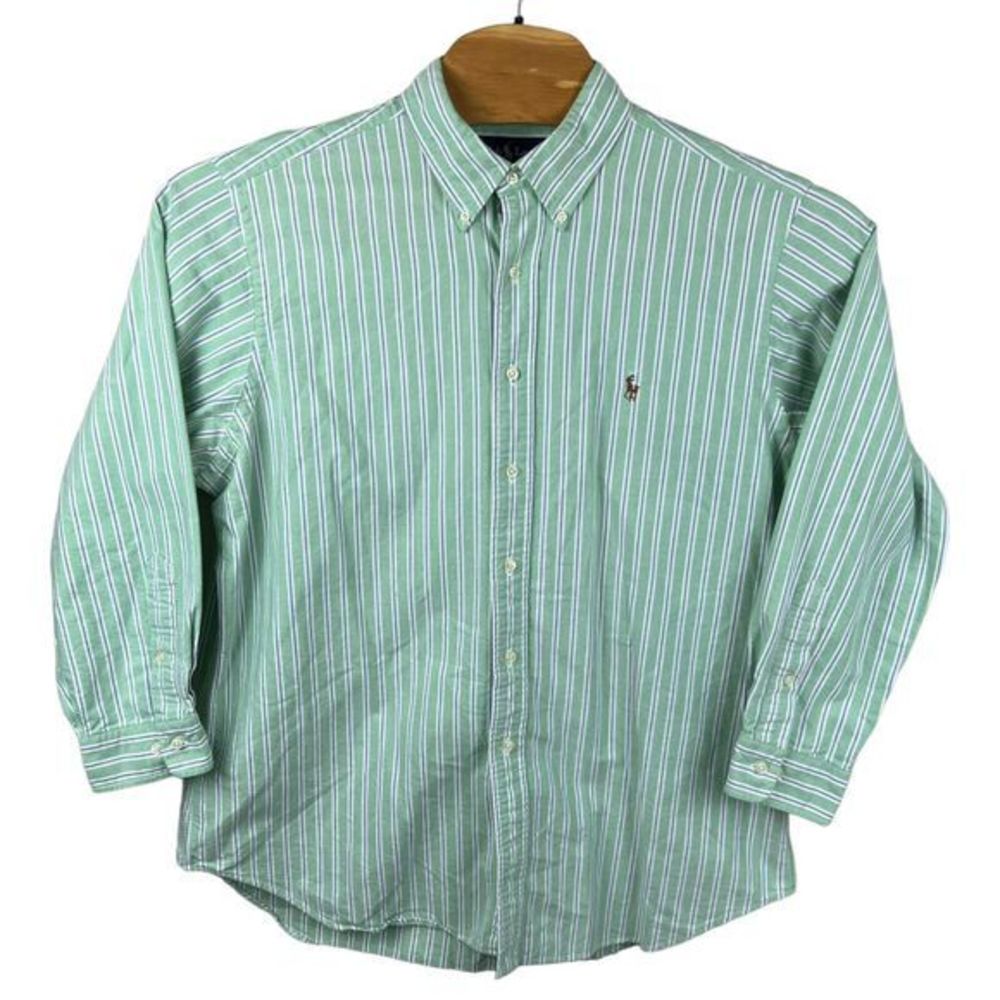 Ralph Lauren Mens Green Striped Custom Fit Long Sleeve Button Down Shirt Neck 17